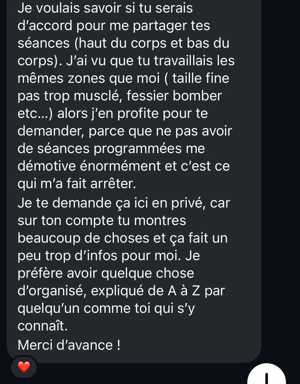 DM abonnée Instagram - demande programme Tara